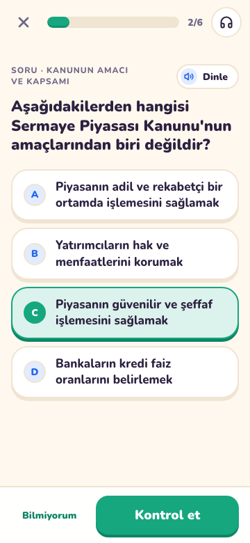 Ders ekranı: dört seçenekli bir soru ve Kontrol et düğmesi